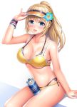  1girl :d bikini blonde_hair blue_eyes blush bottle breasts cleavage comic commentary hair_ornament ivlish_(star_ocean) lambda_(kusowarota) long_hair looking_at_viewer open_mouth ponytail side-tie_bikini simple_background sitting smile solo star_ocean star_ocean_anamnesis sweat swimsuit swimsuit_under_swimsuit visor_cap white_background wristband yellow_bikini 