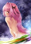  1boy abondz astolfo_(fate) back bath black_bow black_ribbon blush bow braid fate/apocrypha fate/grand_order fate_(series) from_behind long_braid looking_at_viewer looking_back multicolored_hair nude onsen partially_submerged pink_hair ribbon rock single_braid solo streaked_hair trap violet_eyes water 