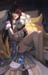  1girl au_ra black_hair carbuncle_(final_fantasy) doll dragon_horns facing_viewer feather_trim final_fantasy final_fantasy_xiv horns long_hair looking_to_the_side panties scales sitting sky smile solo star_(sky) starry_sky thigh-highs tuanzi_miao underwear white_legwear wide_sleeves 