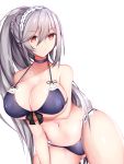  1girl alternate_costume anchor_symbol arm_under_breasts ass_visible_through_thighs azur_lane bangs bikini blush braid breasts choker cleavage collarbone cosed_mouth crown_braid dunkerque_(azur_lane) eyebrows_visible_through_hair flower grey_hair groin hair_flower hair_ornament headdress highres large_breasts long_hair looking_at_viewer monotosu navel pink_eyes ponytail purple_bikini sidelocks simple_background skindentation solo stomach swimsuit thighs white_background 