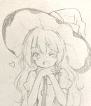  1girl ;d blush braid graphite_(medium) hat head_tilt kirisame_marisa leaning_on_broom long_hair looking_at_viewer one_eye_closed open_mouth puffy_short_sleeves puffy_sleeves scan short_sleeves side_braid single_braid sketch smile solo touhou traditional_media very_long_hair wavy_hair witch_hat yururi_nano 