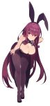  1girl absurdres alternate_costume animal_ears bare_shoulders bending_forward black_leotard breasts bunny_girl bunny_tail bunnysuit cleavage_cutout covered_navel fake_animal_ears fate/grand_order fate_(series) full_body hajime_(hajime-ill-1st) high_heels highres large_breasts leotard long_hair looking_at_viewer pantyhose purple_hair rabbit_ears red_eyes scathach_(fate)_(all) scathach_(fate/grand_order) simple_background smile tail wrist_cuffs 
