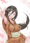  1girl :d absurdres black_hair boruto:_naruto_next_generations boruto:_naruto_the_movie breasts commentary_request covered_nipples highres hyuuga_hanabi japanese_clothes kimono large_breasts lavender_eyes long_hair looking_at_viewer louie_(sun737373) low-tied_long_hair naruto naruto_(series) no_pupils open_mouth outstretched_hand petals smile solo very_long_hair yukata 