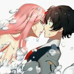  1boy 1girl bangs black_hair bubble clothed_male_nude_female couple darling_in_the_franxx face-to-face facing_another forehead-to-forehead green_eyes hetero hiro_(darling_in_the_franxx) horns long_hair long_sleeves looking_at_another military military_uniform necktie nude oni_horns pink_hair red_horns red_neckwear shirtless short_hair uniform water wet zero_two_(darling_in_the_franxx) zerokiller002 
