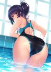  1girl ass competition_swimsuit eyebrows_visible_through_hair highres kagematsuri looking_at_viewer one-piece_swimsuit original ponytail poolside purple_hair ripples solo swimsuit thigh_gap violet_eyes wet 