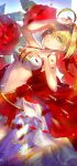  1girl ahoge blonde_hair breasts cleavage dutch_angle emoillu fate/grand_order fate_(series) flower green_eyes hair_intakes hand_on_own_chest hand_on_own_head large_breasts leaf navel nero_claudius_(fate)_(all) rose solo waist_cape 