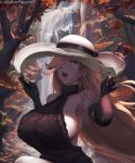  1girl armpits autumn_leaves bare_shoulders big_hat blonde_hair breasts cutesexyrobutts elbow_gloves fangs gloves hair_over_one_eye hat highres lips long_hair looking_at_viewer original red_eyes ribbed_sweater shadow sideboob sitting solo sweater tree vampire very_long_hair water waterfall 