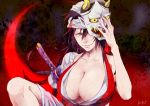  1girl amputee bandage black_hair bleach breasts cleavage collarbone grey_eyes grin holding holding_mask huge_breasts katana long_hair looking_at_viewer mask oni_mask ronisuke shiba_kuukaku smile solo sword weapon 