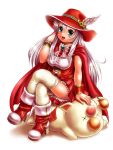  1girl :d aqua_eyes blush boots bracelet cape final_fantasy final_fantasy_iii hand_up hat hat_ornament high_heel_boots high_heels jewelry legs_crossed long_hair lying moogle moriichi on_stomach open_mouth red_cape red_footwear red_hat red_mage red_skirt sidelocks simple_background sitting skirt smile unconscious very_long_hair white_hair white_legwear 