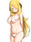  1girl arms_behind_back bikini blonde_hair blush breasts cleavage cowboy_shot creatures_(company) game_freak hair_ornament hair_over_one_eye half-closed_eyes highres large_breasts long_hair looking_away navel nintendo pokemon pokemon_(game) pokemon_dppt shirona_(pokemon) shy simple_background skindentation solo stomach swimsuit under_boob very_long_hair white_background white_bikini yellow_eyes 