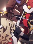  2girls bangs blonde_hair bow brown_hair eye_contact hair_ornament holding holding_sword holding_weapon jacket long_hair looking_at_another multiple_girls open_mouth pleated_skirt saijou_claudine shoujo_kageki_revue_starlight skirt smile sword tendou_maya un403lucky weapon 