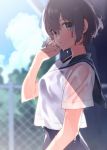  1girl blouse blue_sailor_collar blurry blurry_background blush brown_eyes brown_hair clouds commentary_request day dripping eyebrows_visible_through_hair fence from_side hair_between_eyes hand_up highres looking_at_viewer original outdoors parted_lips sailor_collar school_swimsuit school_uniform serafuku shirt short_hair short_sleeves solo sparkle swimsuit swimsuit_under_clothes tree u35 water wet wet_clothes wet_hair wet_shirt white_blouse 