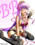  1girl bare_shoulders bb_(fate/extra_ccc) bb_(mooncancer_swimsuit)_(fate) belt bikini black_gloves boots breasts cleavage collar commentary_request fate/extra fate/extra_ccc fate/grand_order fate_(series) gloves gyaru hair_ribbon highres lavender_hair long_hair looking_at_viewer ribbon rukinya_(nyanko_mogumogu) smile solo star swimsuit tan thigh-highs very_long_hair violet_eyes waving white_background 