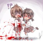  !? 2girls aosora_(mizore) blood blood_from_mouth blood_on_face blood_on_ground bloody_clothes bow brown_eyes brown_footwear brown_hair knife knifed leg_up long_sleeves multiple_girls open_mouth original red_bow school_uniform serafuku smile stabbed white_legwear 