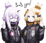  2girls abigail_williams_(fate/grand_order) abigail_williams_(fate/grand_order)_(cosplay) alternate_hairstyle bags_under_eyes bangs black_bow black_jacket blonde_hair blue_eyes blush bow closed_mouth cosplay crossed_bandaids english fate/grand_order fate_(series) hair_between_eyes hair_bow hair_bun hand_up horn jacket lavinia_whateley_(fate/grand_order) long_hair long_sleeves middle_finger multiple_girls object_hug orange_bow parted_bangs polka_dot polka_dot_bow silver_hair simple_background sleeves_past_wrists stuffed_animal stuffed_toy teddy_bear tongue tongue_out umineco violet_eyes white_background wide-eyed 