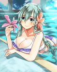  alternate_costume aqua_eyes aqua_hair ass bare_shoulders bikini breasts cleavage flower hair_between_eyes hair_flower hair_ornament holding holding_flower jewelry kantai_collection large_breasts long_hair looking_at_viewer partially_submerged pool ring sagamiso smile suzuya_(kantai_collection) swimsuit twitter_username wedding_band white_bikini 