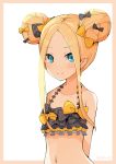  1girl abigail_williams_(fate/grand_order) arms_behind_back bare_shoulders bikini black_bikini black_bow blonde_hair blue_eyes blush bow closed_mouth commentary_request double_bun emerald_float eyebrows_visible_through_hair fate/grand_order fate_(series) forehead hair_bow halter_top halterneck highres kotaka long_hair navel orange_bow polka_dot polka_dot_bow side_bun sidelocks smile solo swimsuit twitter_username upper_body 