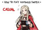  1girl blonde_hair blue_eyes cape controller cravat edelgard_von_hresvelgr_(fire_emblem) fire_emblem fire_emblem:_three_houses game_console game_controller gloves gzei hair_ornament handheld_game_console holding joy-con long_hair mole mole_under_mouth nintendo nintendo_switch playing_games simple_background smile uniform white_background 