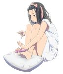  1girl bare_legs barefoot commentary_request full_body long_hair mattaku_mousuke nail_polish nail_polish_bottle original painting_nails pedicure pillow pink_nails shirt simple_background sitting sleeveless sleeveless_shirt solo toenail_polish toes 