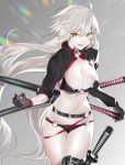  1girl ahoge belt bikini black_bikini black_gloves black_jacket black_swimsuit breasts choker cleavage commentary_request eyebrows_visible_through_hair fate/grand_order fate_(series) gloves grey_background highres jacket jeanne_d&#039;arc_(alter_swimsuit_berserker) jeanne_d&#039;arc_(fate)_(all) large_breasts leg_strap long_hair looking_at_viewer multiple_swords o-ring open_mouth sheath sheathed silver_hair sino42 sleeves_folded_up solo swimsuit sword very_long_hair weapon yellow_eyes 