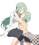  2girls 2l_(2lsize) aqua_hair bang_dream! blush casual closed_eyes green_hair hand_on_another&#039;s_head heart highres hikawa_hina hikawa_sayo hug long_hair multiple_girls open_mouth petting short_hair siblings sisters smile twins white_background 