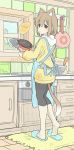  1girl animal_ears apron artist_request brown_eyes brown_hair cat_ears cooking food frying_pan hood hoodie indoors kitchen looking_back original pancake slippers solo spatula tail 