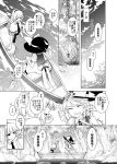  2girls alice_margatroid alternate_costume bow closed_eyes comic facing_another greyscale grin hairband hat hat_bow head_rest kirisame_marisa looking_at_another monochrome multiple_girls open_mouth paddle rowboat sakuraba_yuuki sample sitting smile touhou translation_request tree witch_hat 