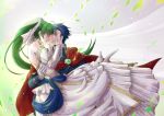  1boy 1girl blue_hair bridal_veil bride bride_(fire_emblem) carrying couple dress fire_emblem fire_emblem:_rekka_no_ken fire_emblem_heroes green_hair hector_(fire_emblem) highres long_hair lyndis_(fire_emblem) ponytail princess_carry rokusashu short_hair smile veil wedding wedding_dress white_dress 