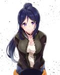  1girl bangs blue_eyes blue_hair breasts cleavage collar collarbone eyebrows_visible_through_hair floating_hair hair_between_eyes high_ponytail highres jacket leaning_forward long_hair looking_at_viewer love_live! love_live!_sunshine!! matsuura_kanan medium_breasts open_clothes open_jacket shirt simple_background smile solo standing swept_bangs upper_body very_long_hair white_background white_shirt zyenokana 