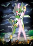  1boy android capcom clouds dark_clouds dual_wielding energy_sword flying green_eyes green_helmet harpuia helmet highres holding male_focus robot_joints rockman rockman_zero signature sky solo sumomo sword weapon 