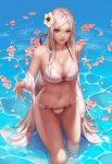  1girl bikini blonde_hair breasts cleavage commentary_request dungeon_and_fighter female_slayer_(dungeon_and_fighter) flower hair_flower hair_ornament highres korean_commentary long_hair looking_at_viewer medium_breasts monaim petals petals_on_liquid red_eyes solo standing swimsuit very_long_hair wading water wet 