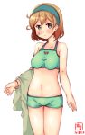  1girl artist_logo bandaid bandaid_on_face bikini bracelet breasts brown_eyes brown_hair commentary_request cowboy_shot crab dated green_bikini green_hairband green_shorts hairband halter_top halterneck highres jewelry kanon_(kurogane_knights) kantai_collection oboro_(kantai_collection) short_hair short_shorts shorts simple_background small_breasts solo standing swimsuit white_background 