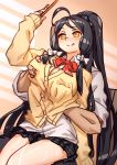  1girl ara_han berg black_hair blush bow breasts cleavage elsword groping licking_lips long_hair phone sitting sitting_on_lap sitting_on_person taking_picture tongue tongue_out uniform yellow_eyes 