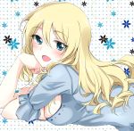  1girl alternate_hairstyle arm_grab bangs blue_shirt blush breasts chin_rest circle cleavage commentary_request darjeeling eyebrows_visible_through_hair girls_und_panzer hair_down highres hinase_(twoxout) long_hair looking_at_viewer lying medium_breasts on_stomach open_mouth polka_dot polka_dot_background shirt short_sleeves smile solo 