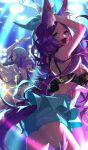 3girls :d all_night_fever animal_ears aqua_eyes artist_request ass bikini_top black_hair closed_eyes commentary_request craft_essence dark_skin denim denim_shorts earrings fate/grand_order fate_(series) female_ass floral_print hairband jackal_ears jewelry long_hair looking_at_viewer looking_back multiple_girls nitocris_(fate/grand_order) official_art open_mouth purple_hair queen_of_sheba_(fate/grand_order) ring scheherazade_(fate/grand_order) short_shorts shorts smile tail