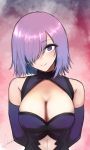  1girl armor armored_dress arms_behind_back bangs bare_shoulders blush breasts cleavage_cutout commentary_request detached_sleeves elbow_gloves eyebrows_visible_through_hair fate/grand_order fate_(series) gloves hair_over_one_eye highres kojima_(blue_stardust) large_breasts lavender_hair looking_at_viewer mash_kyrielight multicolored multicolored_background short_hair signature solo violet_eyes 