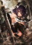 1girl black_gloves black_legwear blush breasts checkered checkered_neckwear eyepatch fingerless_gloves gloves hair_between_eyes headgear highres holding holding_weapon kantai_collection large_breasts long_sleeves looking_at_viewer necktie open_mouth purple_hair short_hair skirt solo sword tenryuu_(kantai_collection) thigh-highs toka_(marchlizard) torn_clothes torn_skirt weapon winter_clothes yellow_eyes 
