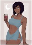  1girl abs avatar_(series) black_hair blue_dress blue_eyes bob_cut breasts cocktail cocktail_dress crescent_moon dark_skin dress hip_vent iahfy korra medium_breasts moon navel navel_cutout revealing_clothes short_dress short_hair smile solo the_legend_of_korra thighs toned 