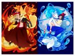  2girls ;o animal_ears black_hair black_legwear blonde_hair blue_eyes blush carrying creatures_(company) delphox embarrassed eyewear_on_head fins fire fox_ears fox_tail game_freak gen_6_pokemon gen_7_pokemon hug long_hair looking_at_another medium_hair mizuki_(pokemon) multiple_girls namazu_(dc_27546) nintendo one_eye_closed open_mouth pokemon pokemon_(creature) pokemon_(game) pokemon_sm pokemon_xy primarina princess_carry red_eyes serena_(pokemon) short_shorts shorts skirt sleeveless smile tail tail_fin thigh-highs water 