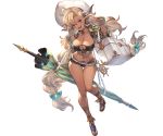  1girl almeida_(granblue_fantasy) alpha_transparency ass_visible_through_thighs bangs beach_umbrella bikini black_bikini blonde_hair blush bracelet breasts choker cleavage collarbone cooler dark_skin dolphin_earrings draph earrings full_body granblue_fantasy hair_between_eyes hat horns jacket jewelry large_breasts long_hair looking_at_viewer minaba_hideo official_art open_clothes open_jacket pointy_ears red_ribbon ribbon ribbon_choker sandals smile solo swimsuit thigh_gap transparent_background umbrella very_long_hair white_hat 