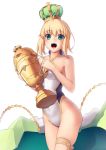  1girl absurdres ahoge artoria_pendragon_(all) bangs blonde_hair blush boa_(brianoa) crown fate/grand_order fate/stay_night fate_(series) green_eyes hair_bun highres holding one-piece_swimsuit open_mouth saber smile solo swimsuit trophy 