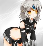  1girl bent_over blush closed_mouth detached_sleeves elsword eve_(elsword) facial_mark forehead_jewel morumoru00 short_hair silver_hair simple_background smile yellow_eyes 