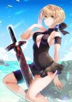  1girl annojou_haruto arm_behind_back arm_strap artoria_pendragon_(all) artoria_pendragon_(swimsuit_rider_alter) black_bow black_swimsuit blonde_hair blue_sky bow breasts casual_one-piece_swimsuit cleavage cleavage_cutout dark_excalibur day eyebrows_visible_through_hair fate/grand_order fate_(series) hair_between_eyes hair_bow medium_breasts ocean one-piece_swimsuit outdoors rock short_hair sideboob sitting sky smile solo swimsuit thigh_strap yellow_eyes 