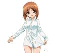  1girl artist_name bangs brown_eyes brown_hair commentary cowboy_shot cwind dress_shirt eyebrows_visible_through_hair girls_und_panzer long_sleeves looking_at_viewer nishizumi_miho no_pants open_mouth panties purple_panties shirt shirt_hold short_hair signature simple_background smile solo standing underwear white_background white_shirt 