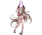  1girl :d ahoge alpha_transparency arm_up bangs bikini bikini_under_clothes blush breasts cleavage collarbone draph flower full_body granblue_fantasy grey_hair hair_between_eyes hair_flower hair_ornament halter_top halterneck hibiscus horns large_breasts long_hair looking_at_viewer minaba_hideo official_art open_mouth pointy_ears purple_hair red_bikini red_eyes sailor_collar sandals see-through smile solo swimsuit thalatha_(granblue_fantasy) very_long_hair 