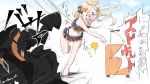  1girl abigail_williams_(fate/grand_order) bangs bare_arms bare_legs bare_shoulders barefoot bikini black_bikini black_bow black_jacket blonde_hair blue_eyes blush bow commentary_request emerald_float fate/grand_order fate_(series) hair_bow hair_bun highres jacket long_hair long_sleeves neon-tetora nose_blush open_mouth orange_bow parted_bangs polka_dot polka_dot_bow rolling_suitcase solo standing standing_on_one_leg star sweat swimsuit throwing translation_request v-shaped_eyebrows 