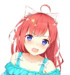  1girl :d ahoge animal_ears bare_shoulders blue_eyes blue_shirt blush bow collarbone commentary_request dutch_angle hair_bow hair_ornament han_(hehuihuihui) head_tilt long_hair off-shoulder_shirt open_mouth original redhead shirt simple_background smile solo star star_hair_ornament v-shaped_eyebrows white_background white_bow wolf_ears 