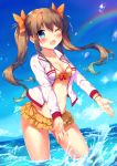  1girl ;d bangs bikini blue_eyes blue_sky blush bow breasts brown_hair cleavage clouds commentary_request day eyebrows_visible_through_hair ezoshika fang fingernails groin hair_between_eyes hair_bow highres horizon jacket long_hair long_sleeves looking_at_viewer medium_breasts navel ocean one_eye_closed open_clothes open_jacket open_mouth orange_bow original outdoors rainbow side-tie_bikini sky smile solo standing striped striped_bikini swimsuit twintails very_long_hair wading water water_drop white_jacket 