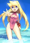  1girl bangs blonde_hair blue_eyes blush breasts ciel_(rockman) commentary covered_navel groin highleg highleg_swimsuit long_hair looking_at_viewer ocean one-piece_swimsuit open_mouth rockman rockman_zero skin_tight swimsuit ukimukai water 