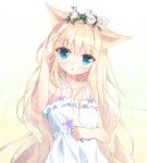  1girl :o animal_ears aqua_eyes arm_up bangs bare_arms bare_shoulders blonde_hair blush breasts cat_ears collarbone commentary_request dress eyebrows_visible_through_hair flower hair_between_eyes hair_flower hair_ornament hamaru_(s5625t) highres holding holding_flower long_hair original parted_lips purple_flower rose sleeveless sleeveless_dress small_breasts solo very_long_hair white_dress white_flower white_rose 